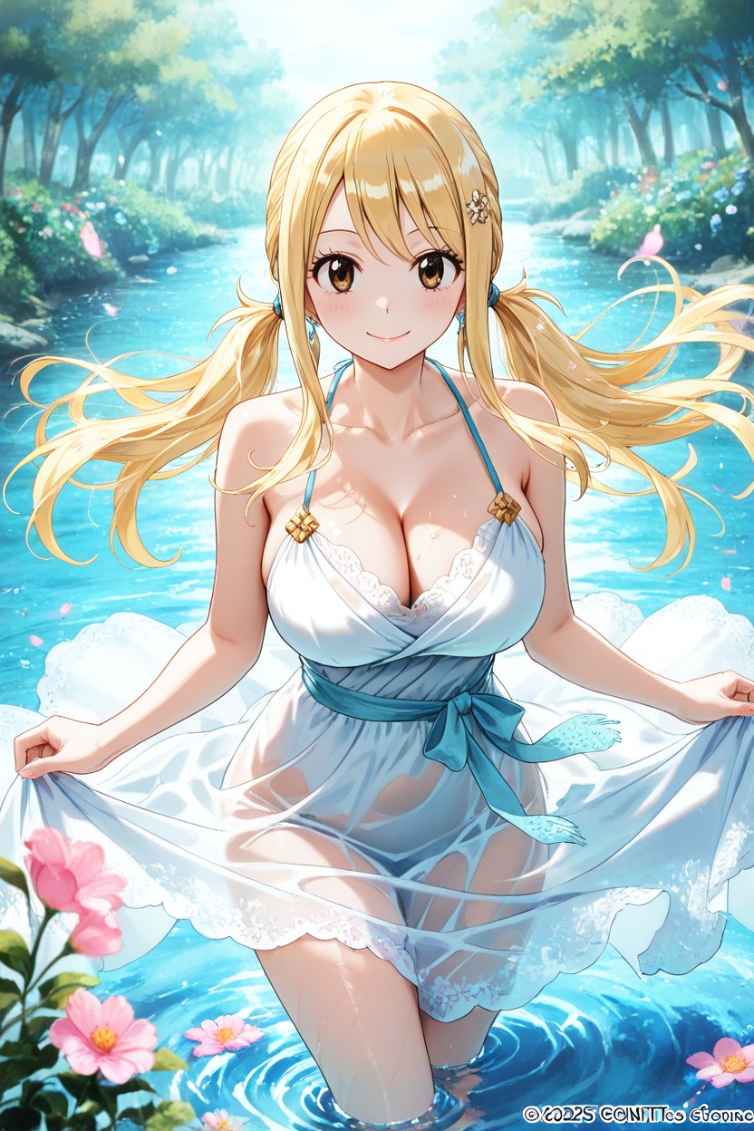 Natural Facial Features, Flowing Hair Adorned With Gentle Waves, Inviting Smile Her Outfit Consists Of A Sheer Hentai AI Porn