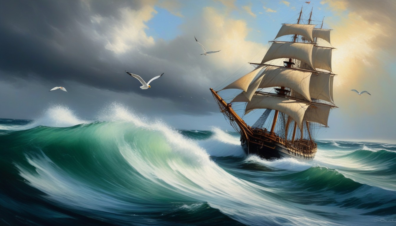 Swirling Brushstrokes, Seagulls Above, Wooden Hull Glistening With Seawater AI Porn
