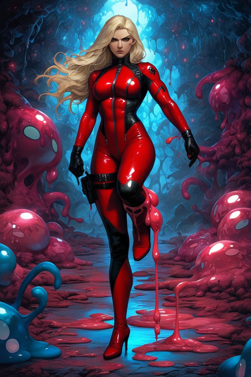 Female, Straight, Red Tight Leather Catsuit AI Porn