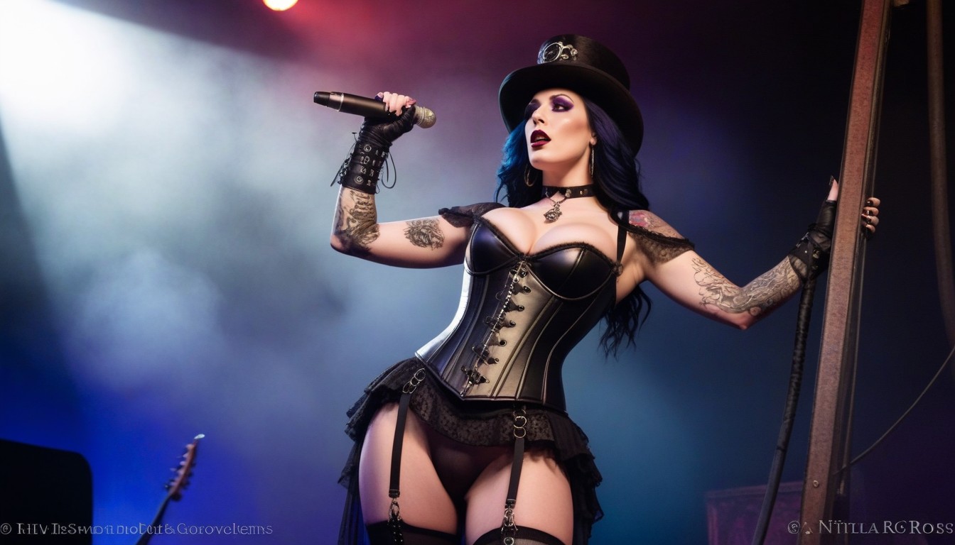 Gold Dust As She Sings, Straight Nose, Cuneiform Sigils On Arms And Collarbones Gothic Metal Outfit Top Hat AI Porn