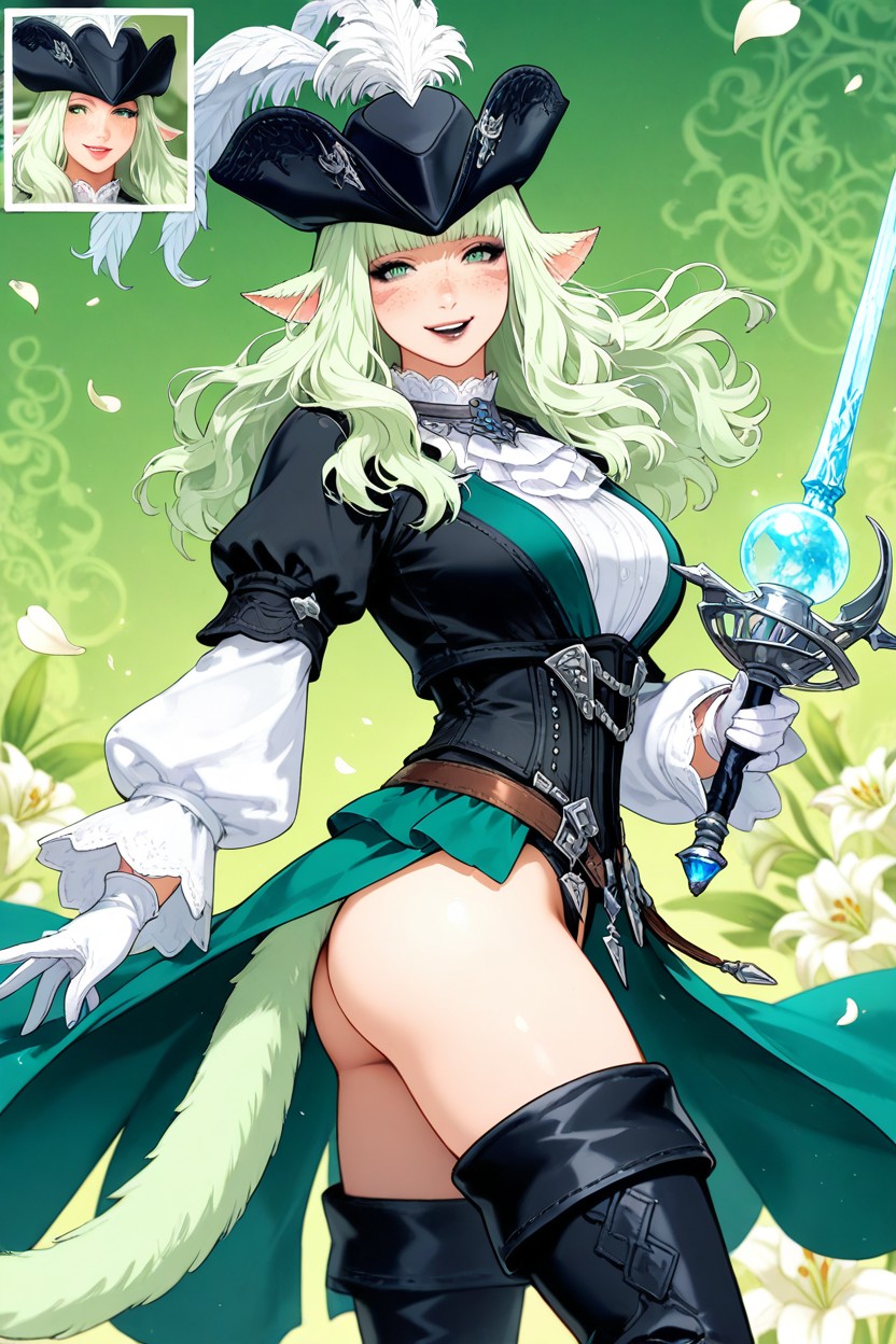 Jabot Collar, Green Eye, Light Green Wavy Hair Hentai AI Porn