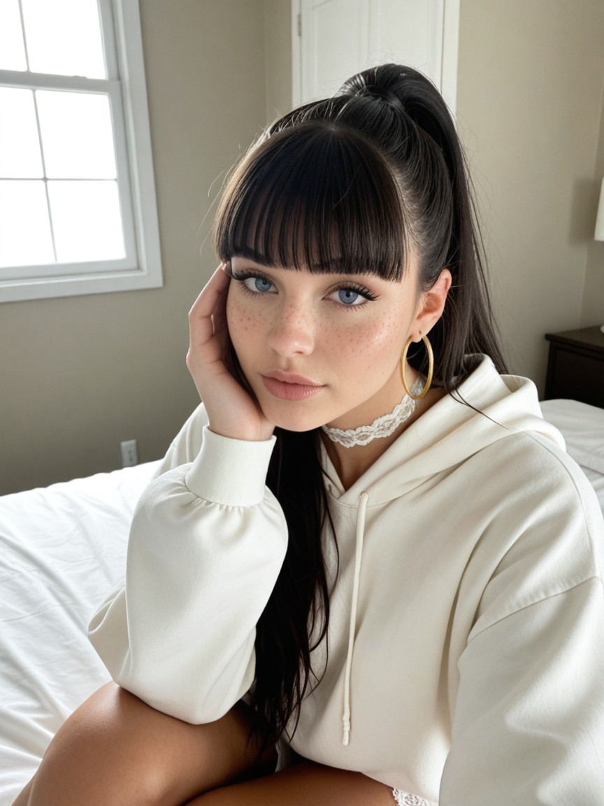 Sharp Winged Eyeliner, Soft Blush, Blunt Bangs AI Porn