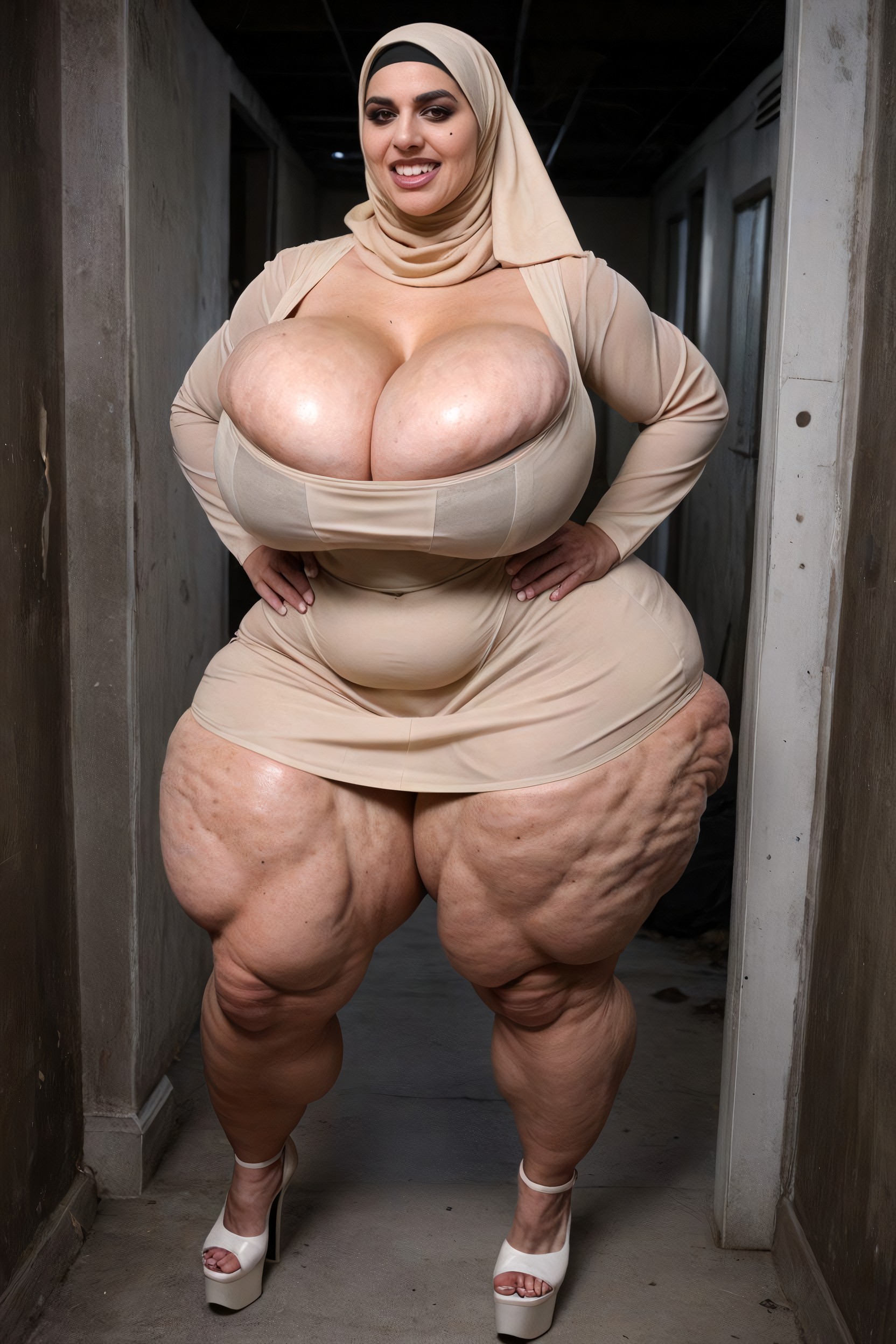 Horror, Beige Translucent Long Sleeve Dress, Thick Thighs AI Porn