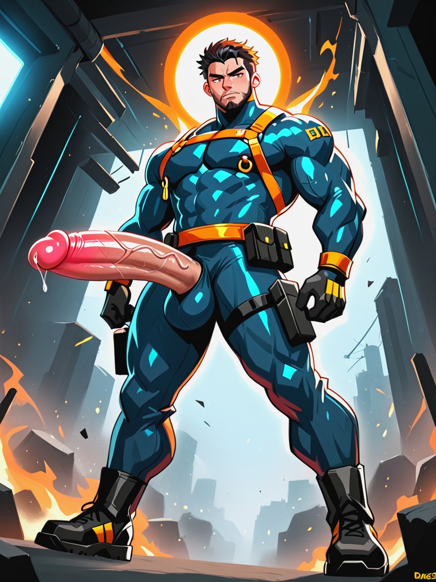 Gun Holster On Thigh, Huge Veiny Bulge, 正面図 ゲイAIポルノ
