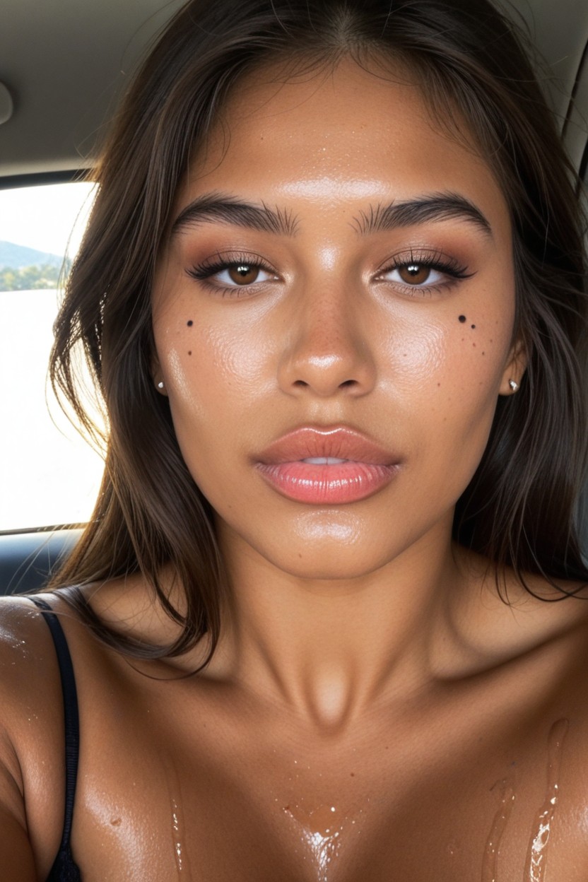 Very Poorly Made-up Eyebrows, Wet Skin, Top Down AI Porn