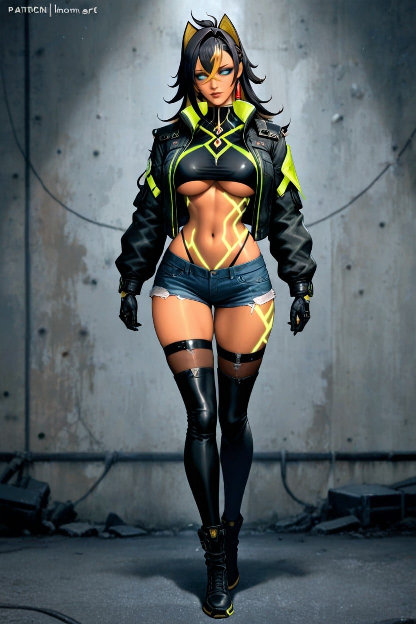 Subtle Dark Metallic Buckles Or Clasps, Black Cyberpunk Ensemble She Wears A, 50+ Hentai AI Porn