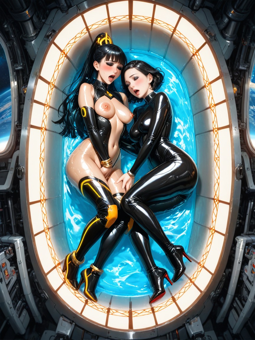 Massive Sleek Space Station Glass Tub, Glossy Lips, Small Breasts Hentai AI Porn