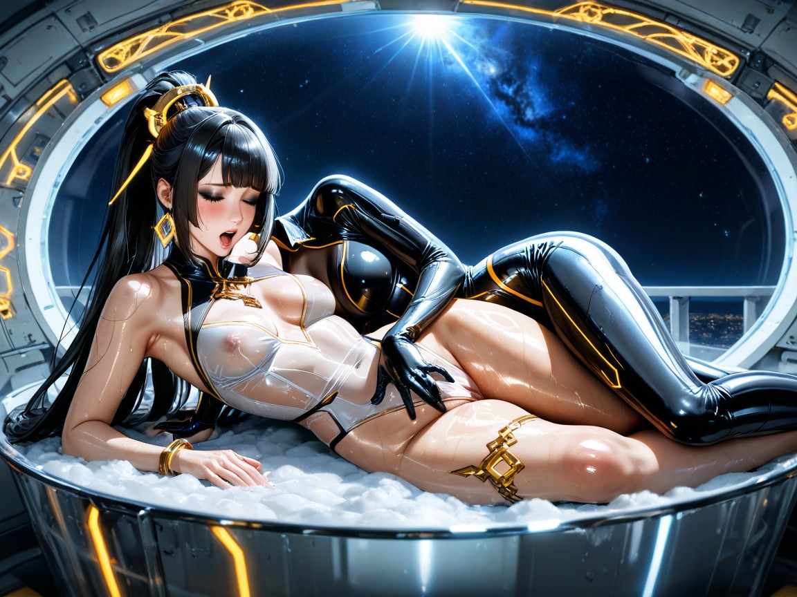 Night Upper Atmosphere On The Edge Of Space, Massive Sleek Space Ship Glass Tub, Desaturated Colour Hentai IA