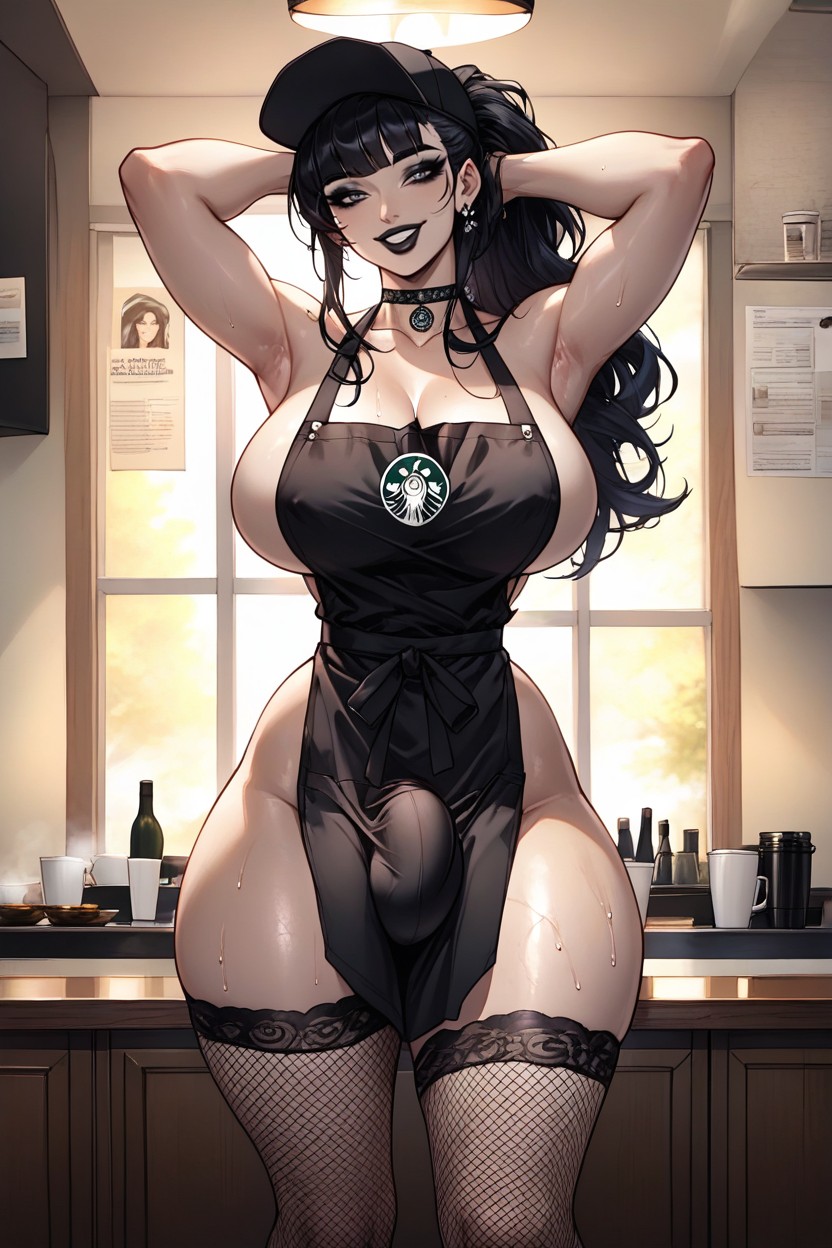 Goth With Soft Features And Defined Jawline, Defined Waist, Oiled Skin Hentai IA