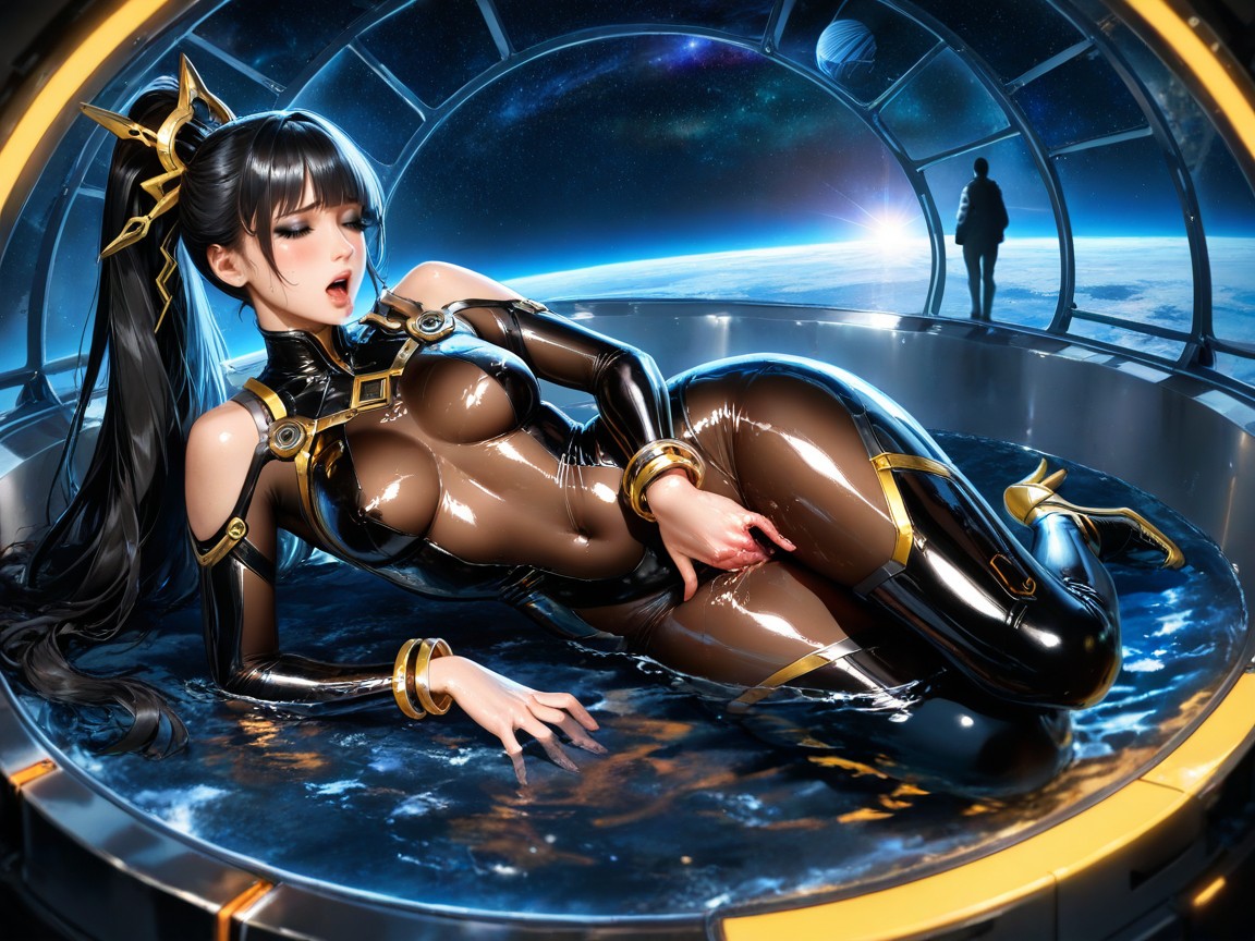 Night Upper Atmosphere On The Edge Of Space, Korean Woman With Brown Eyes And Black Hair, Massive Eyes Hentai AI Porn