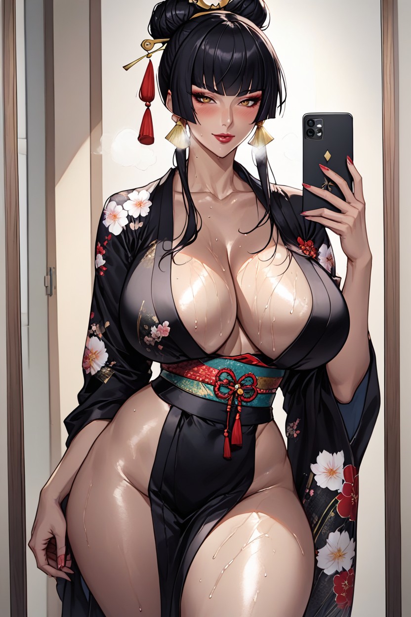 Milf, Traditional Black Floral Kimono, Voluptuous Hentai IA