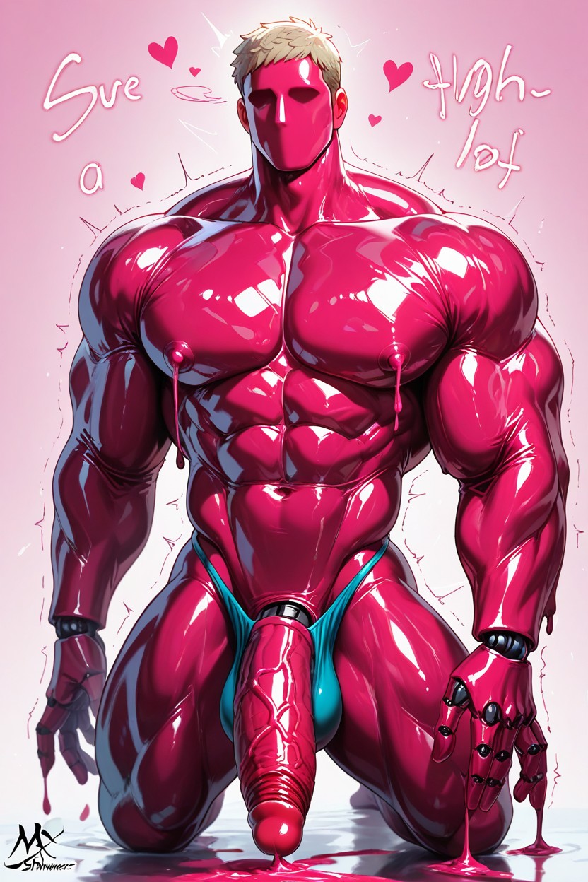Featureless Face, The Ground Is Magenta Latex Sea, Penis Bigger Than Body AI Gay Porn