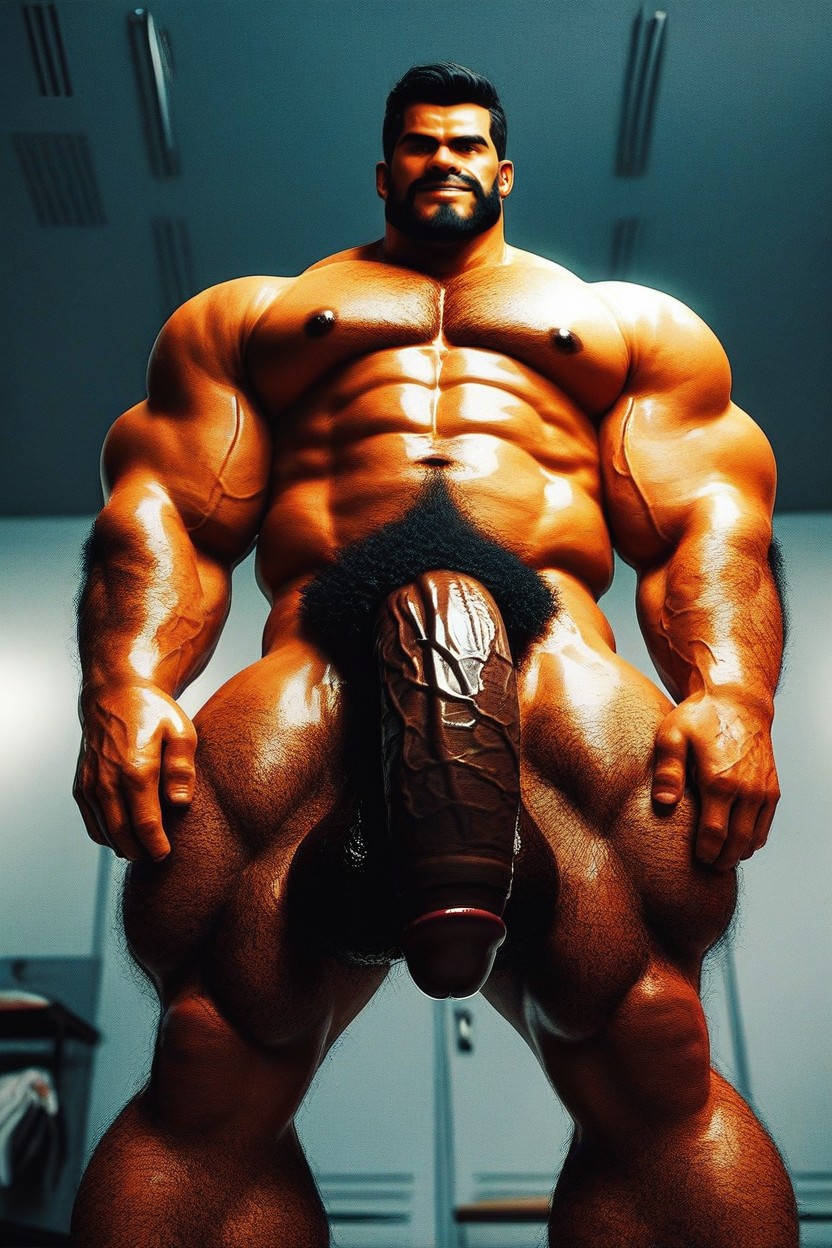 Standing In The Locker Room, Hyper Hairy Torso, Brown Nipples AI Gay Porn