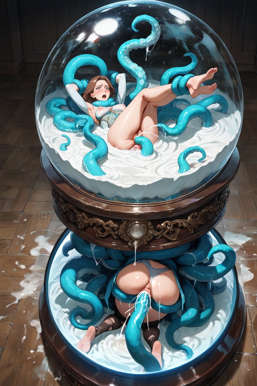 Insanely Gigantic Aqua Tentacles Fully Enclosed Within The Snow Globe, Cum Milk Bath, Erected Nipples Hentai AI Porn