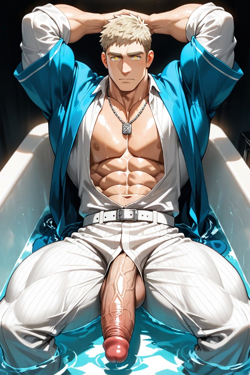 Giving Him A Formal And Powerful Appearance, With The Sleeves Rolled Up, The Character Is A Muscular Man Sitting In Seiza AI Gay Porn