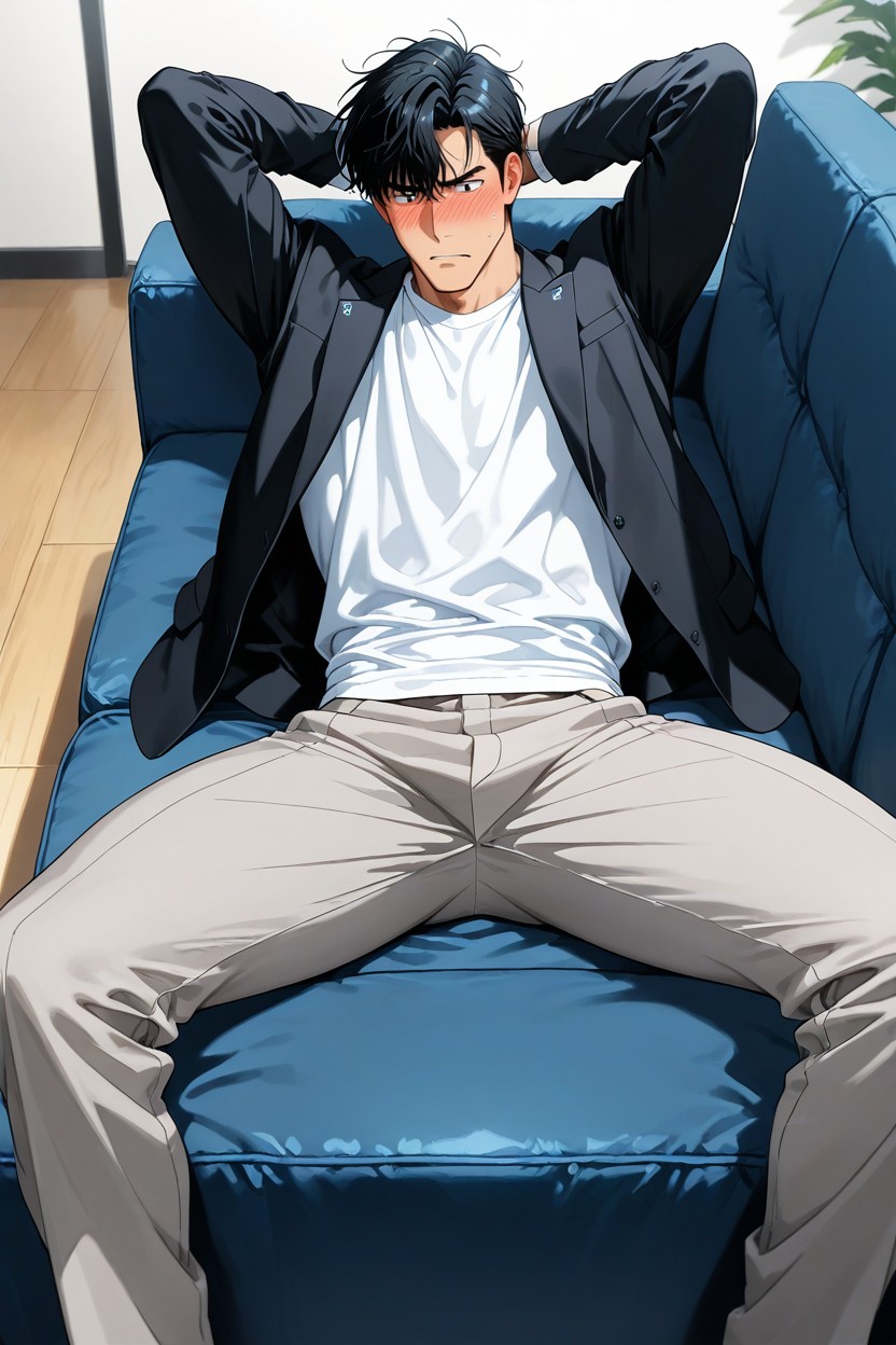 Anime-like Hair Style, Gêné, Home Porno IA Gay