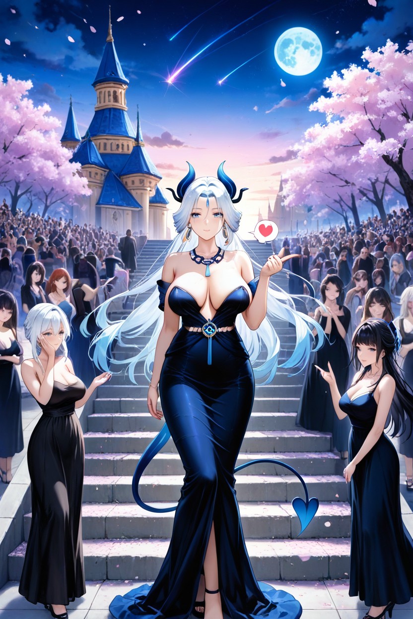 White Hair, Harem, Strapless Black Dress Hentai AI Porn