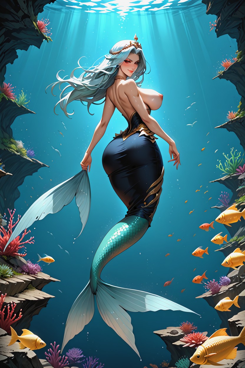 Mischievous (smiling While Blushing), Large Dark Eyes, Mermaid Tail AI Porn