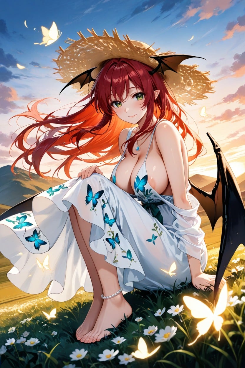 Bare Feet, Drop-off Shoulder Strap, Dark Green Eyes Hentai AI Porn