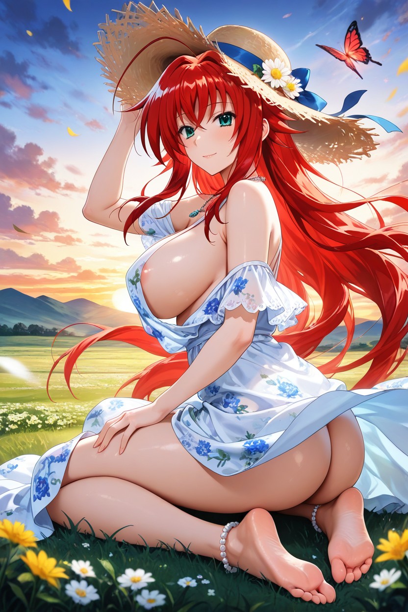 Floor-length Dress, Outdoor On Soft Flowers, Ultra Detailed Hentai AI Porn