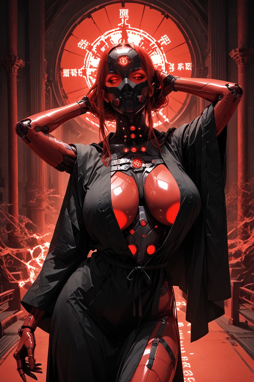 Dark Atmospheric Lighting, Black And Red Atmosphere, Smooth Black Ceramic Mask Instead Of Face Hentai AI Porn