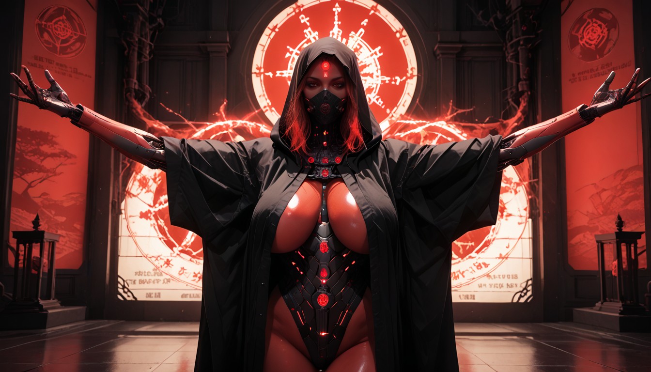 Female Figure In Dark Hooded Robe, Glowing Red Mechanical Components, Sacred Red Energy Patterns Hentai AI Porn