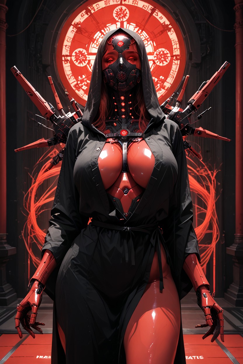 Sanctuary Supercomputer Center, Glowing Red Mechanical Components, Black And Red Hair Hentai AI Porn