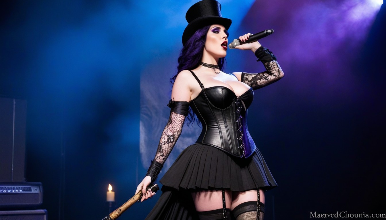 Ravens In Spotlights, Top Down, Black Corset With Plum Accents AI Porn