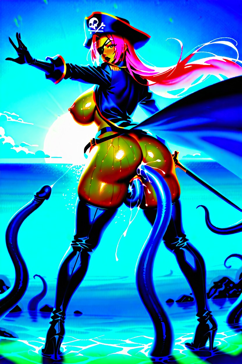 Her Arms Grabbed By Giant Tentacles, Sweaty Skin, Pirates Captain Outfit Hentai AI Porn