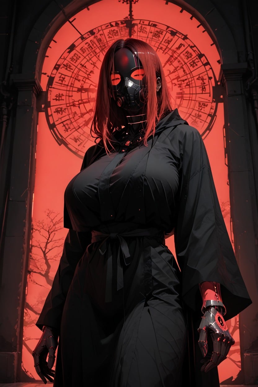 Breast Expansion, Glowing Red Neon Symbol On Mask, Glowing Red Mechanical Components Hentai AI Porn