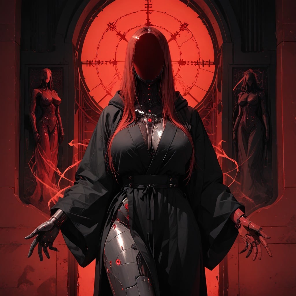 Smooth Black Ceramic Mask Instead Of Face, Intertwined Black Cables, Red Holographic Displays Hentai AI Porn