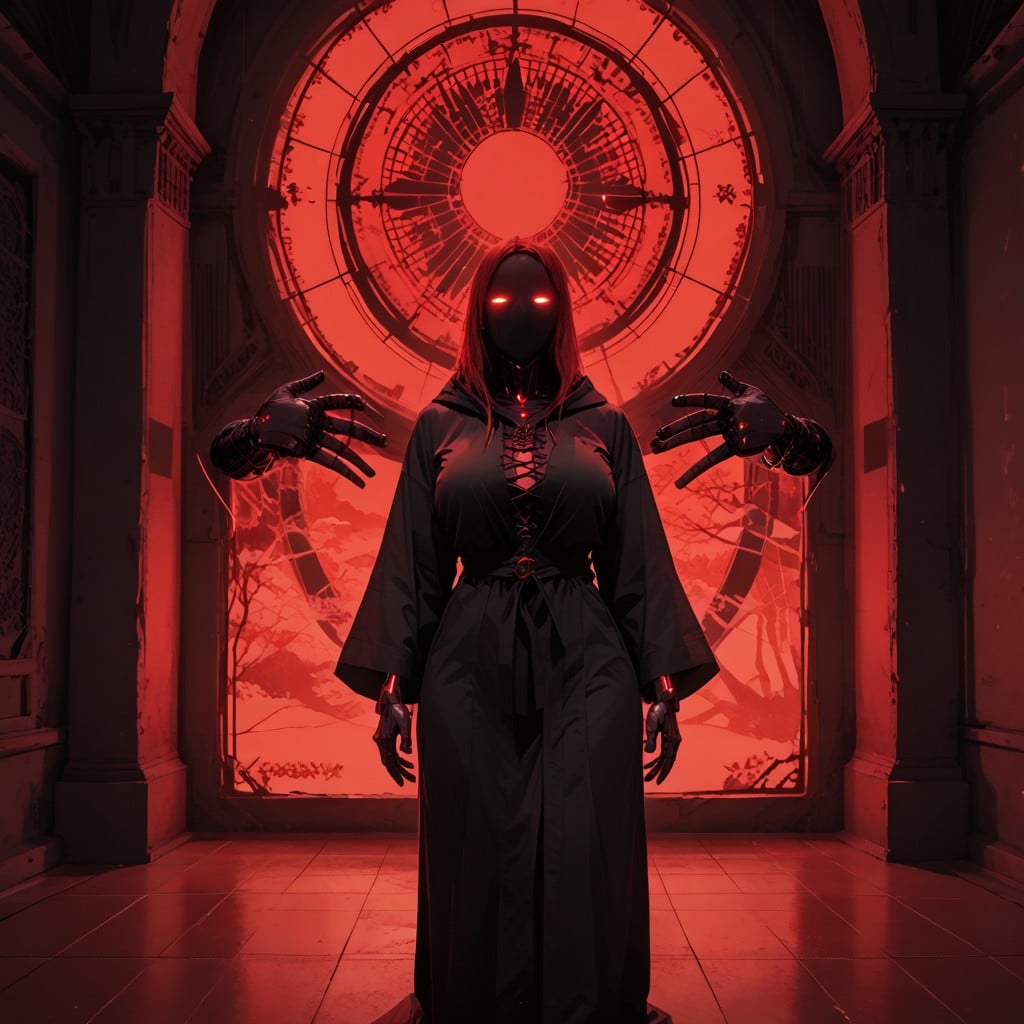 Silhouette Of Long Red Hair Flowing Behind, Red Prayer Chairs With Neurointerfaces, Red Holographic Displays Hentai AI Porn