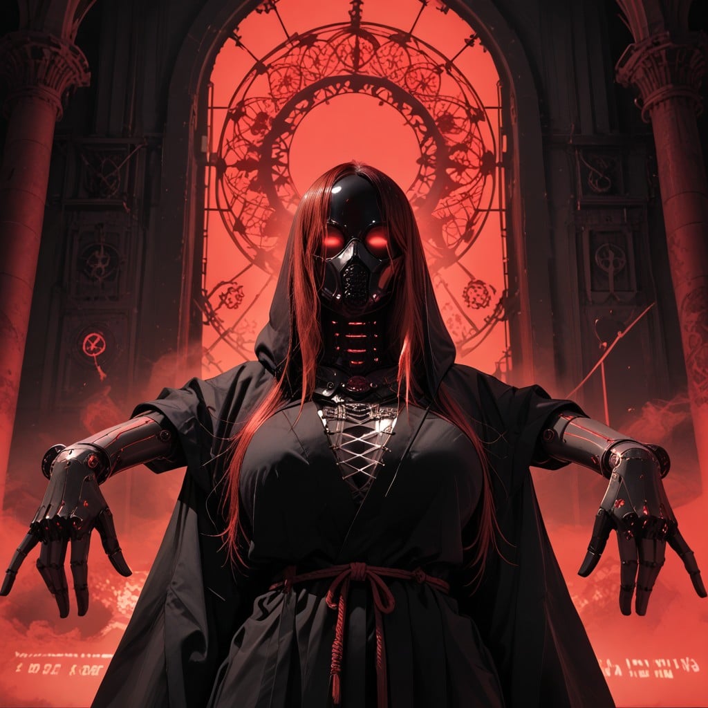 Temple-like Space, Cybernetic Arm Revealed Under Black Robe, Mechanical Hand Gesture Hentai AI Porn