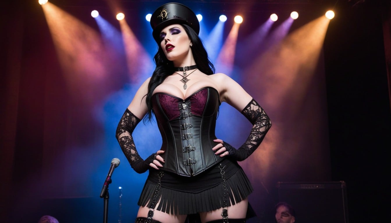 Top Down, Black Corset With Plum Accents, Sheer Skirts AI Porn