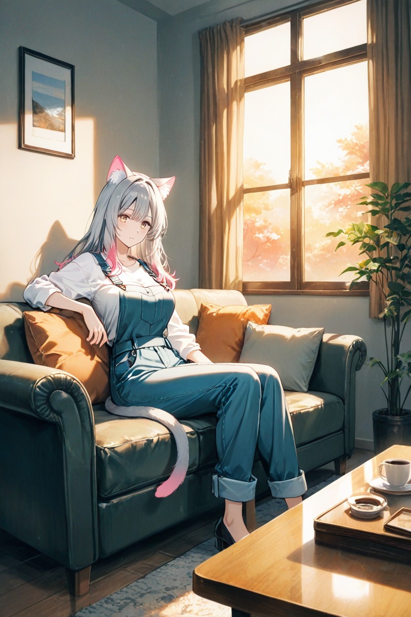 Sitting On A Couch, Long Gray Hair With Pink Tips, 18+ Hentai AI Porn