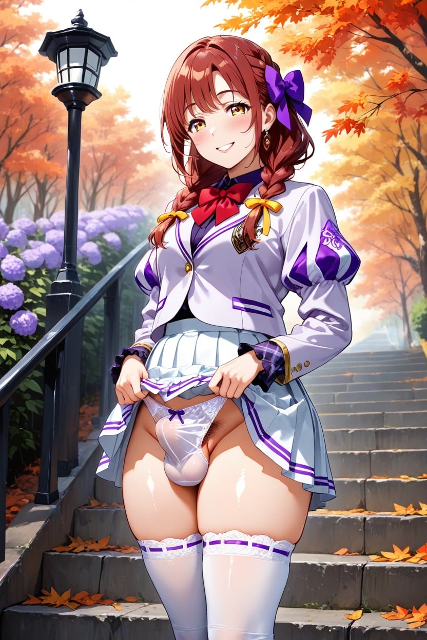 Completely Covered Cock Bulge, 18+, Purple An White Plaid Cuff With Frilly Edge Hentai AI Porn