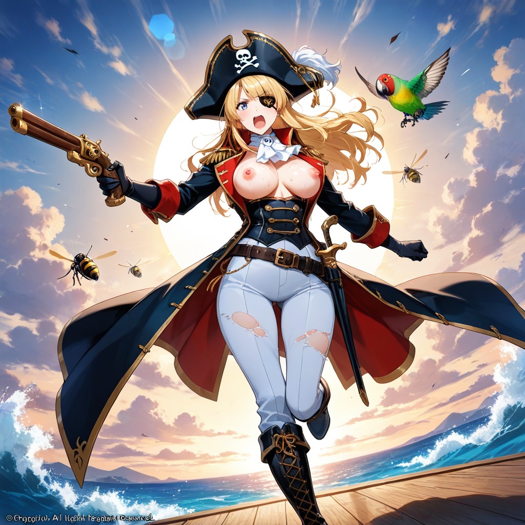 Tricorn Hat With Skull And Bones Mark, Lens Flare, Left Eyepatch With With Skull And Bones Mark Hentai AI Porn