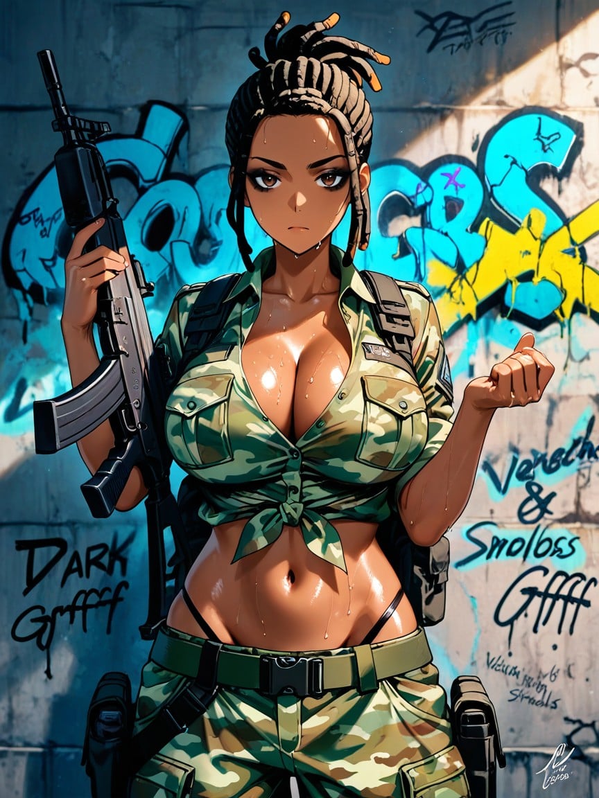 Dark Eyeshadow, Tactical Rucksack, Thick Raven Black Dreadlocks Hentai AI Porn