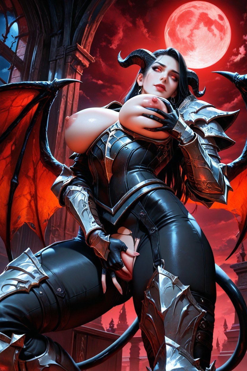 Full Armor, Long Straight Black Hair, Demon Tail AI Porn
