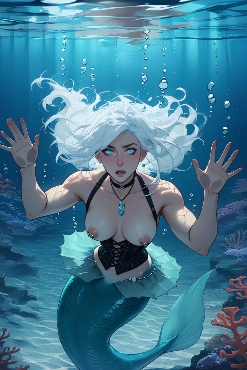 Nipple Piercing, Looking Up, Blue Eyes AI Porn