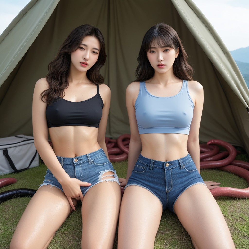Perfect Waist, Lower And Undress Jeanshorts, Both Wear Croptops And Jeanshorts アジアのAIポルノ