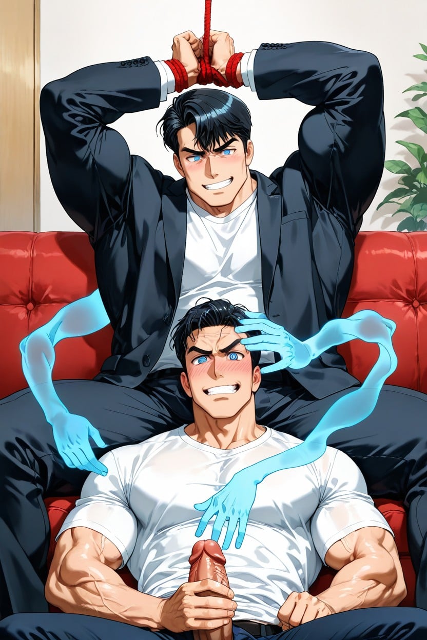 Pink Spiral Eyes, Open Shirt And Pants, Slightly Puffy Top Of Head AI Gay Porn