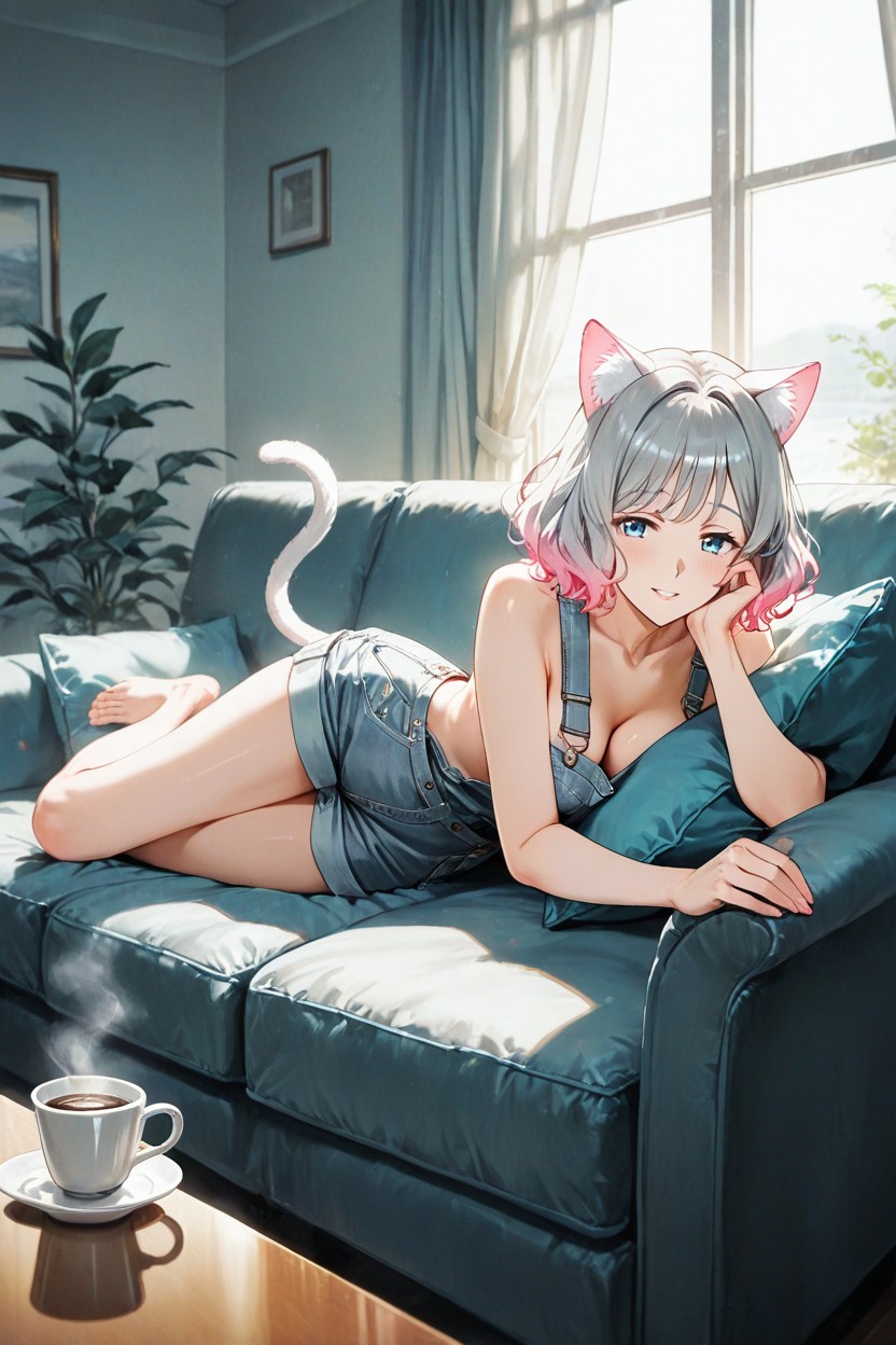 Couch, Subtle Kitty Ears, And Filled With Natural Light High Detail Hentai AI Porn