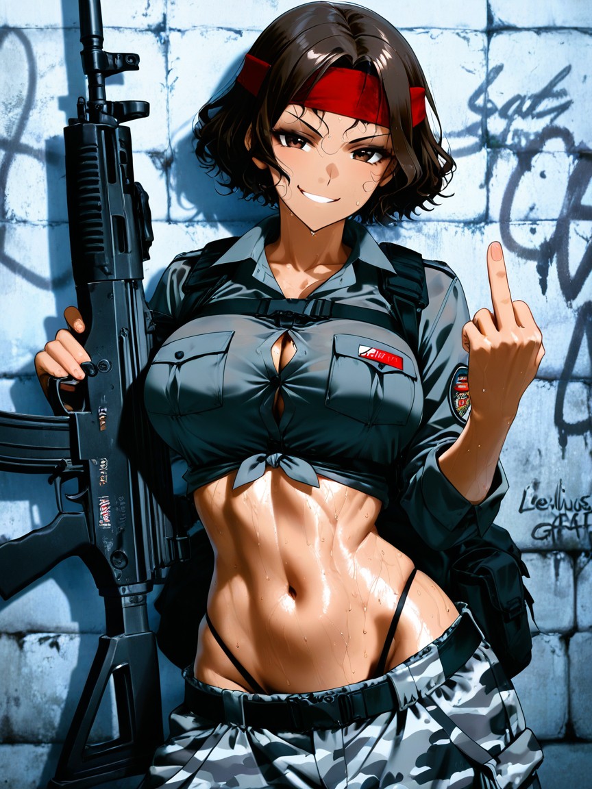 Concrete Wall Covered In Rebellious Graffiti And Symbols, Holding Ak Rifle, Dark Eyeshadow Hentai AI Porn