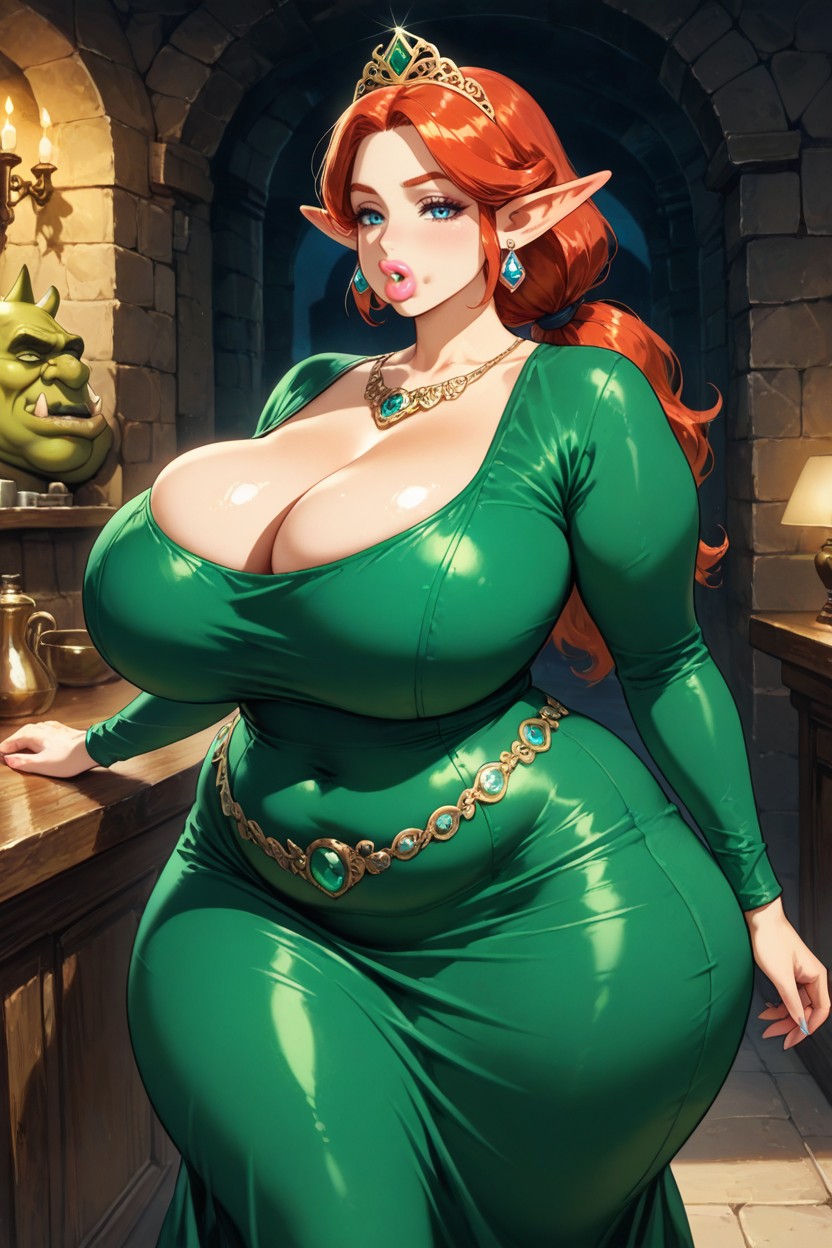 Big Bubble Ass, Gigantic Swollen Lips, Green Dress Pornografia de IA