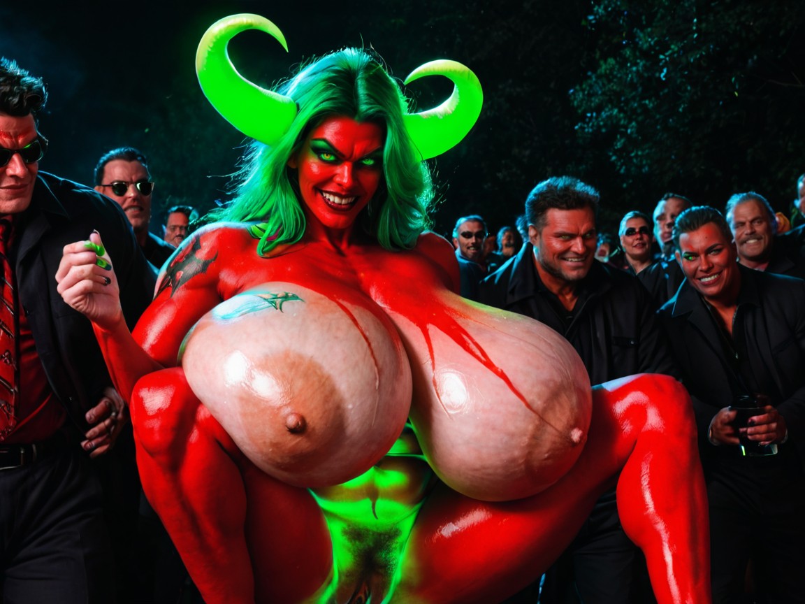 Fluorescent Green Glowing Horns, Demonic Horns Are Glowing Very Bright, Hyper Oiled Skin AIポルノ