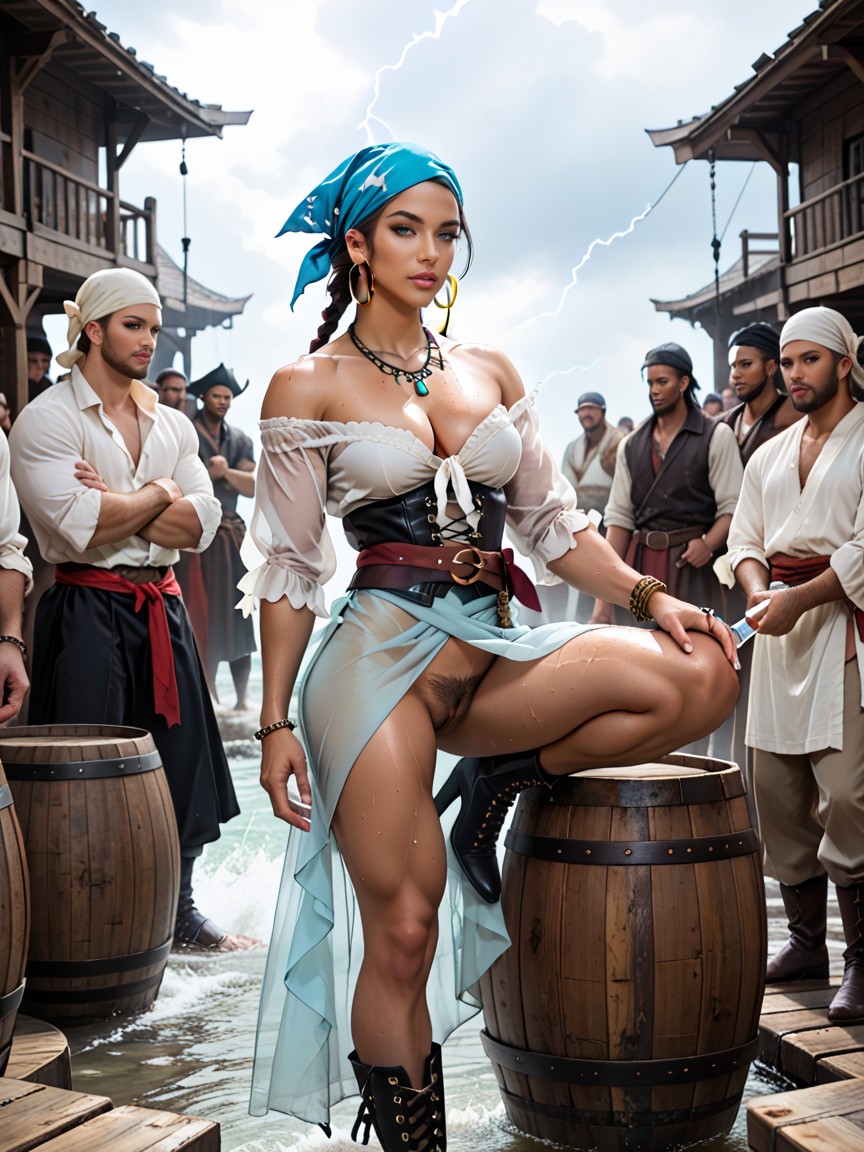 Holding Glass Bottle, Excessive Pubic Hair, Sheer Sarong With Side Slit ИИ порно