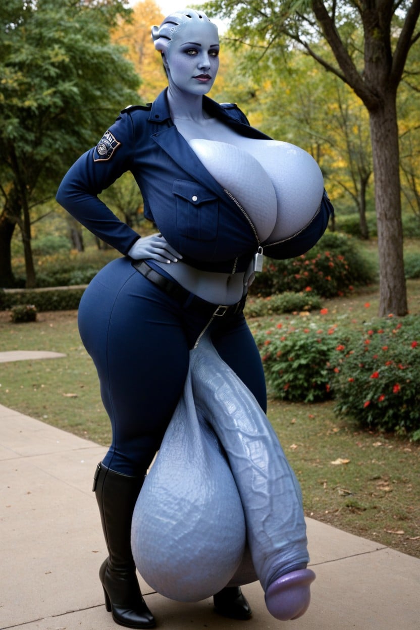 Dark Tan Lines, Female Police, Full Blue Skin Travesti IA Pornô