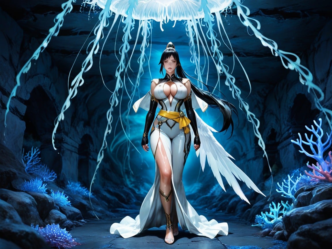 Full Body Buckles And Straps In Bodysuit, One Wing, Fingerless Elbow Gloves With Ornate Metallic Ornaments Hentai AI Porn