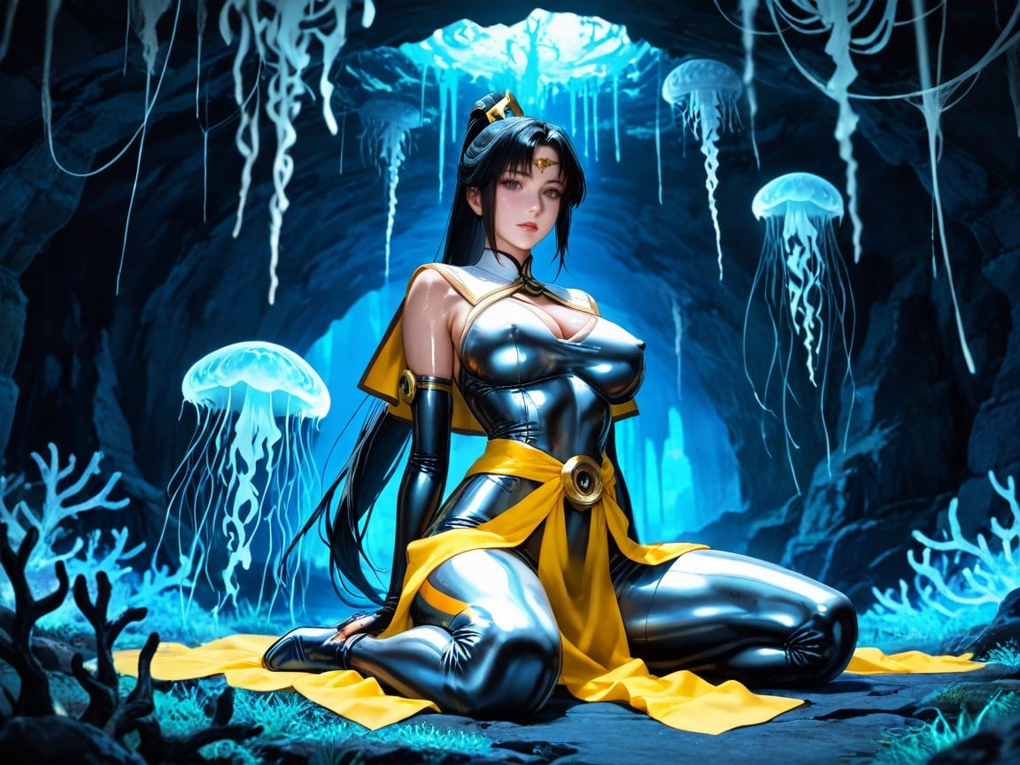 One Wing, Erect Nipples, Long Flowing Yellow Sheer Waist Cloth Sash Hentai IA